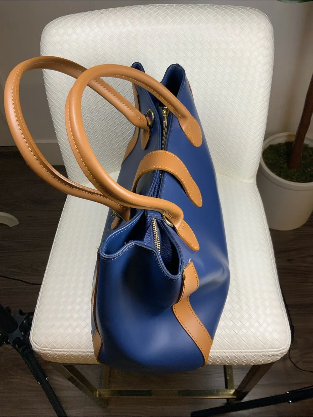 Chiara Ferretti Navy and Tan Leather Tote with Gold Hardware